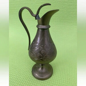 Vintage small Footed brass pitcher India Hand Etched Ornate